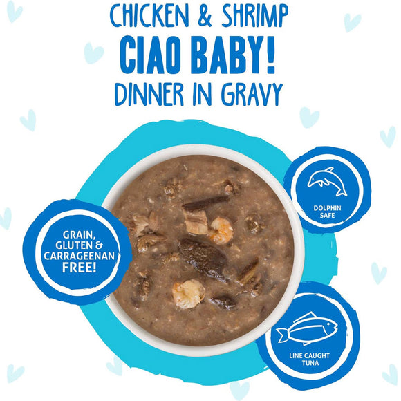Cat food bowl with chicken and shrimp in gravy, labeled 'Ciao Baby!' on a white background with blue accents.