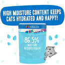 Weruva cat food pouch with text about high moisture content on a white background
