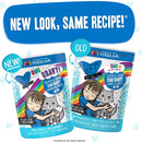 Two packages of Weruva cat food with text 'New Look, Same Recipe!' above them.