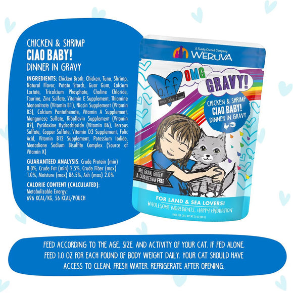 Cat food package with Weruva branding and ingredients list on a blue background