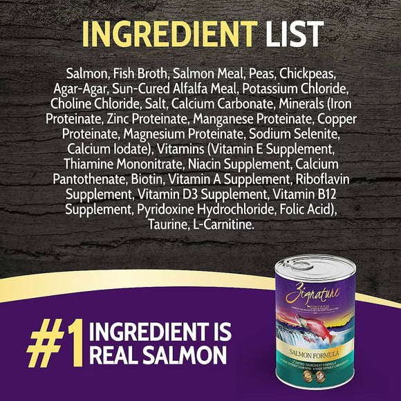 Ingredient list of a pet food product with a can of Zignature on a dark background