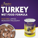 Zignature Turkey Wet Food Formula packaging with text and a can of food on a purple background.