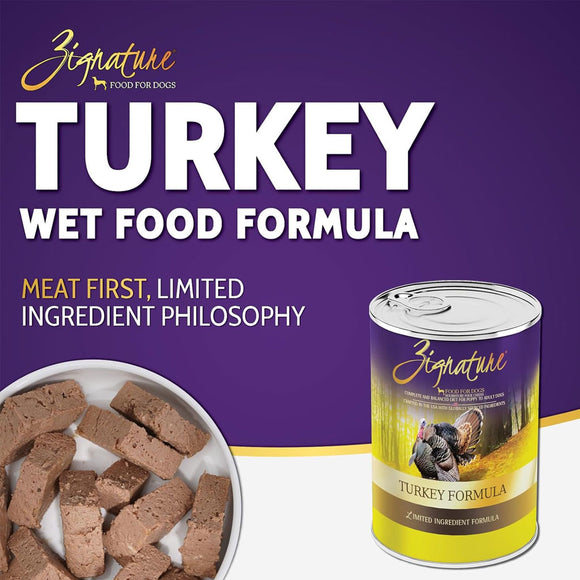 Zignature Turkey Wet Food Formula packaging with text and a can of food on a purple background.