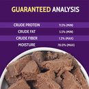 Dog food guaranteed analysis label with protein, fat, fiber, and moisture percentages on a purple background.