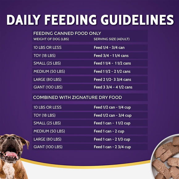 Dog food feeding guidelines chart on a purple background with a dog image.
