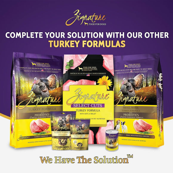 Dog food packages with 'Signature' branding on a purple background