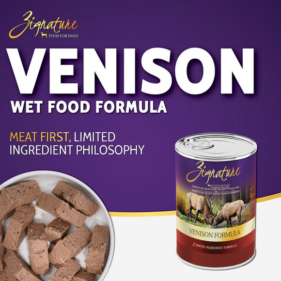 Zignature Venison Wet Food Formula packaging with a purple background