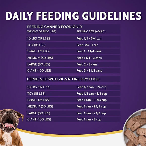 Dog food feeding guidelines chart on a purple background with a dog and food bowl.