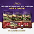 Signature Venison Formula dog food packages on a purple background with promotional text.