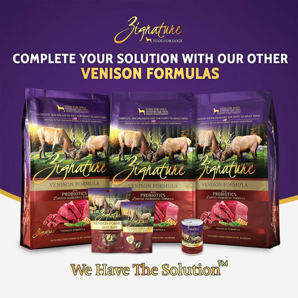Signature Venison Formula dog food packages on a purple background with promotional text.