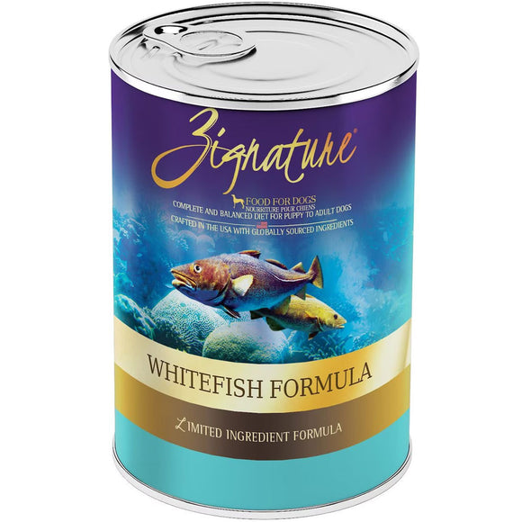 Can of Zignature Whitefish Formula dog food with fish illustration on a white background