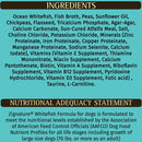 List of ingredients and nutritional adequacy statement for a dog food formula on a teal background.