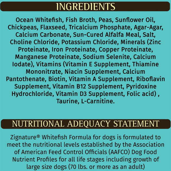 List of ingredients and nutritional adequacy statement for a dog food formula on a teal background.