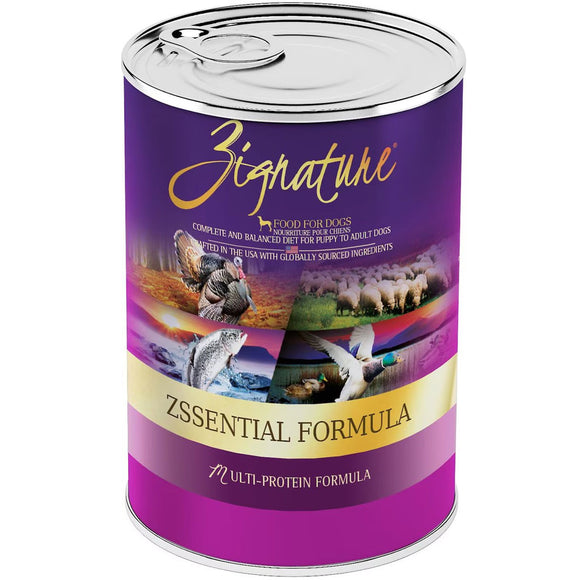 Zignature zssential formula dog food can on a white background