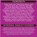 Dog food ingredient list and nutritional adequacy statement on a purple background