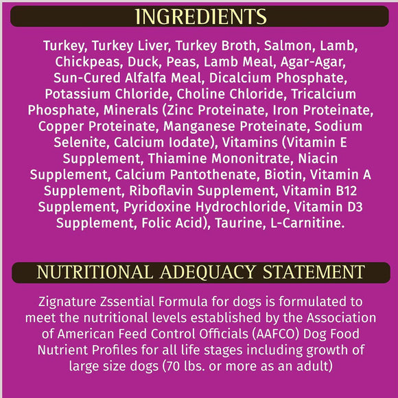 Dog food ingredient list and nutritional adequacy statement on a purple background