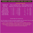 Feeding and mixing guide for adult dogs on a purple background