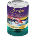 Can of Zignature Salmon Formula dog food on a white background