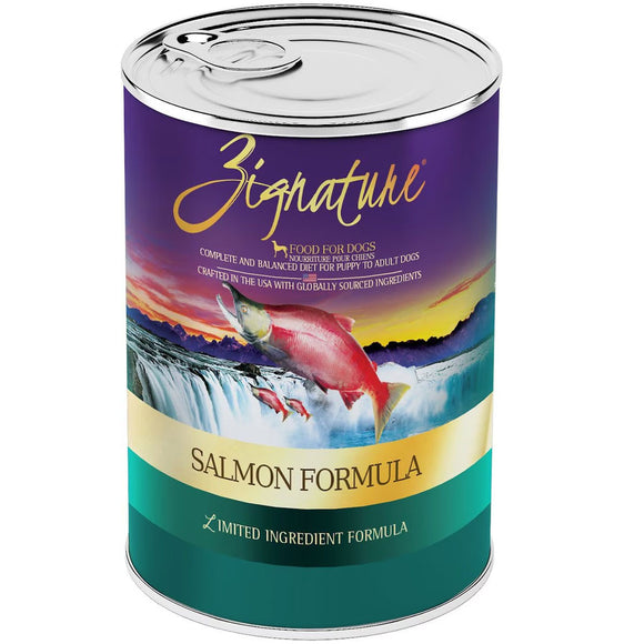 Can of Zignature Salmon Formula dog food on a white background