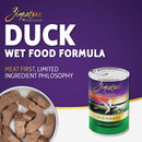 Zignature duck wet food formula packaging with a bowl of food on a purple background