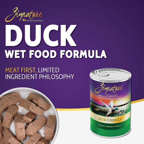 Zignature duck wet food formula packaging with a bowl of food on a purple background