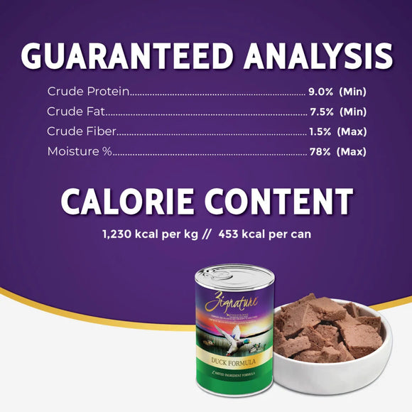 Pet food can with guaranteed analysis and calorie content on a purple background