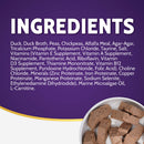Ingredients list for a pet food product on a purple background with pet food bricks in the corner.