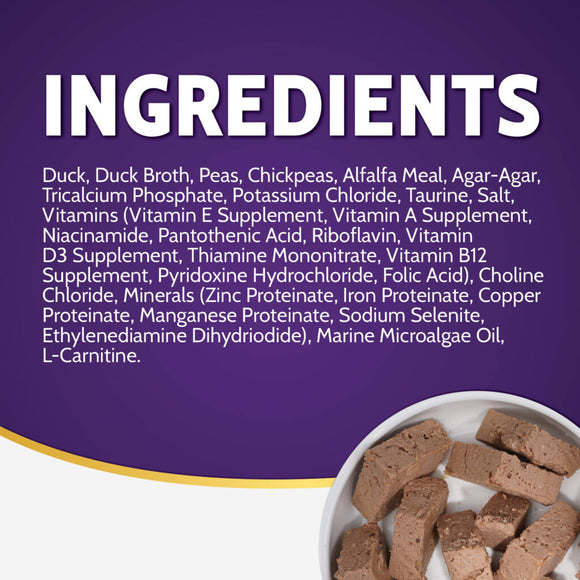 Ingredients list for a pet food product on a purple background with pet food bricks in the corner.