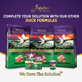 Zignature duck formula dog food packages on a purple background