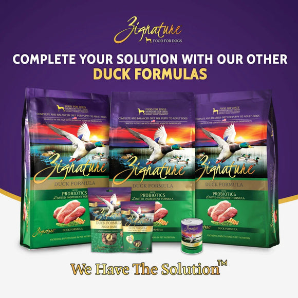 Zignature duck formula dog food packages on a purple background