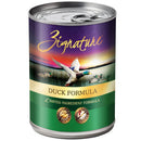Can of Zignature Duck Formula pet food with colorful label