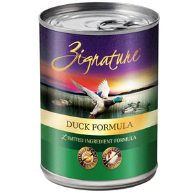 Can of Zignature Duck Formula pet food with colorful label