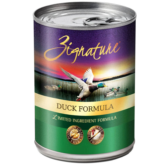 Can of Zignature Duck Formula pet food with colorful label