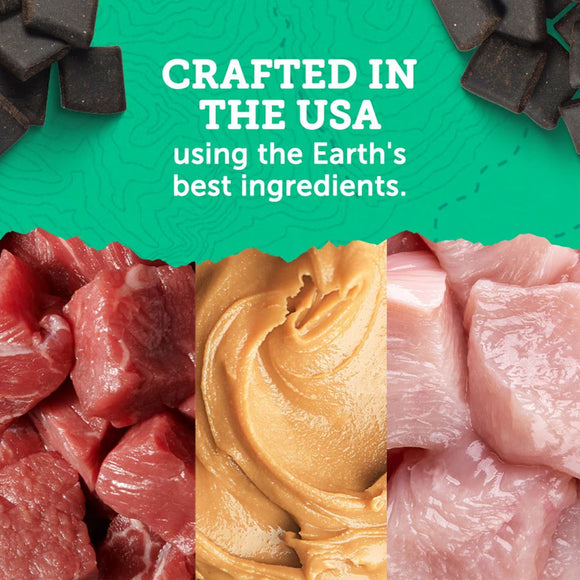 Collage of raw meats and peanut butter with text 'Crafted in the USA using the Earth's best ingredients' on a green background.