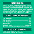 Ingredients and guaranteed analysis label for a product on a teal background