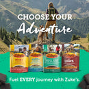Zuke's pet food packages with a scenic background and text 'Choose Your Adventure'.