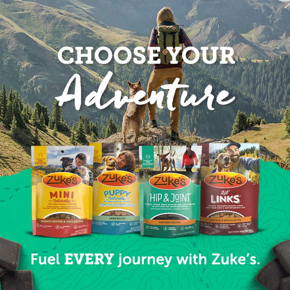 Zuke's pet food packages with a scenic background and text 'Choose Your Adventure'.