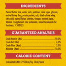 Product label with ingredients, guaranteed analysis, and calorie content on a yellow background.