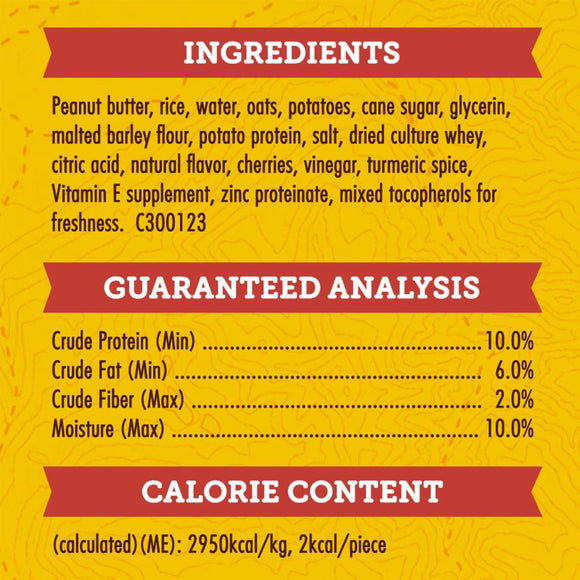 Product label with ingredients, guaranteed analysis, and calorie content on a yellow background.