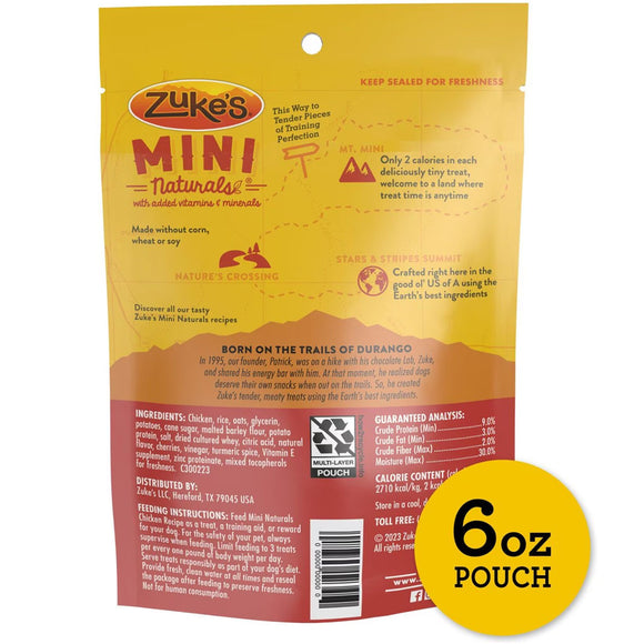 Zuke's Mini Naturals dog treat package with yellow and red design on a white background