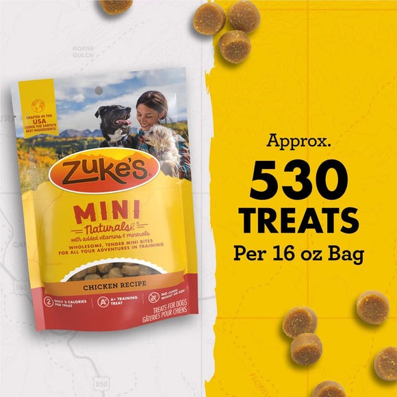 Zuke's Mini Naturals dog treat package with text about quantity on a yellow background