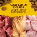 Dog food ingredients with text 'Crafted in the USA using the Earth's best ingredients' on a yellow background.