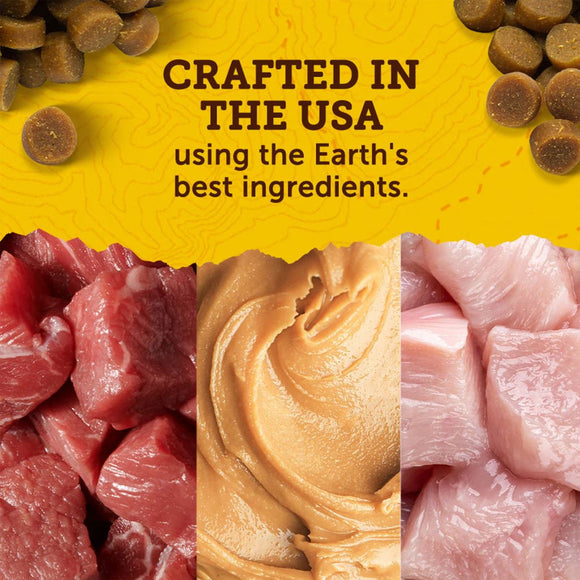Dog food ingredients with text 'Crafted in the USA using the Earth's best ingredients' on a yellow background.