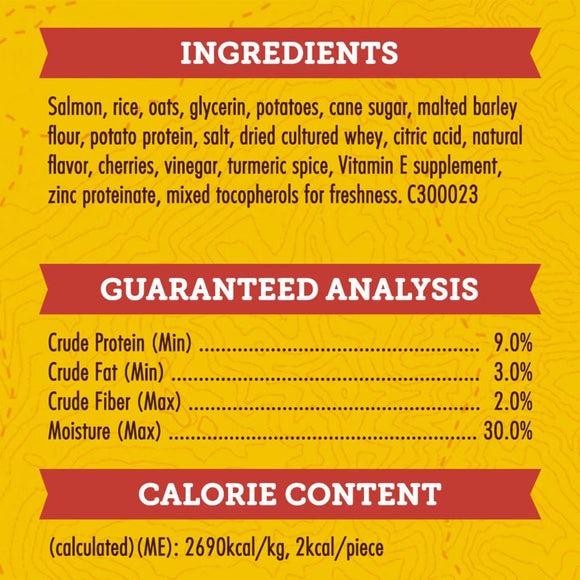 Product label with ingredients, guaranteed analysis, and calorie content on a yellow background