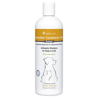 Vetraseb CeraDerm shampoo contains chlorhexidine and miconazole for cats and dogs to provide antiseptic and antiifungal care