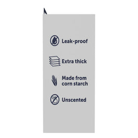 Product packaging with features listed on a white background