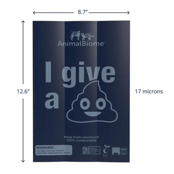 Navy blue compostable bag with 'I give a poop' graphic and dimensions labeled, featuring the brand 'AnimalBiome'.