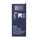 Back of a blue package with certification logos and contact information on a white background