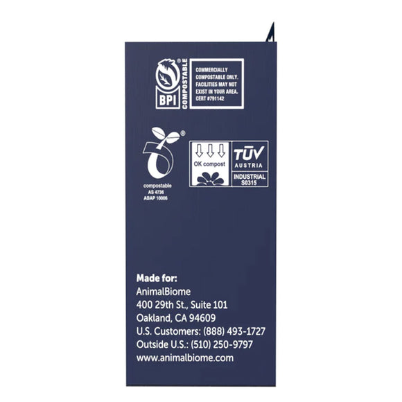 Back of a blue package with certification logos and contact information on a white background
