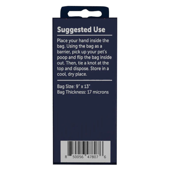 Navy blue bag with white text and barcode on a white background